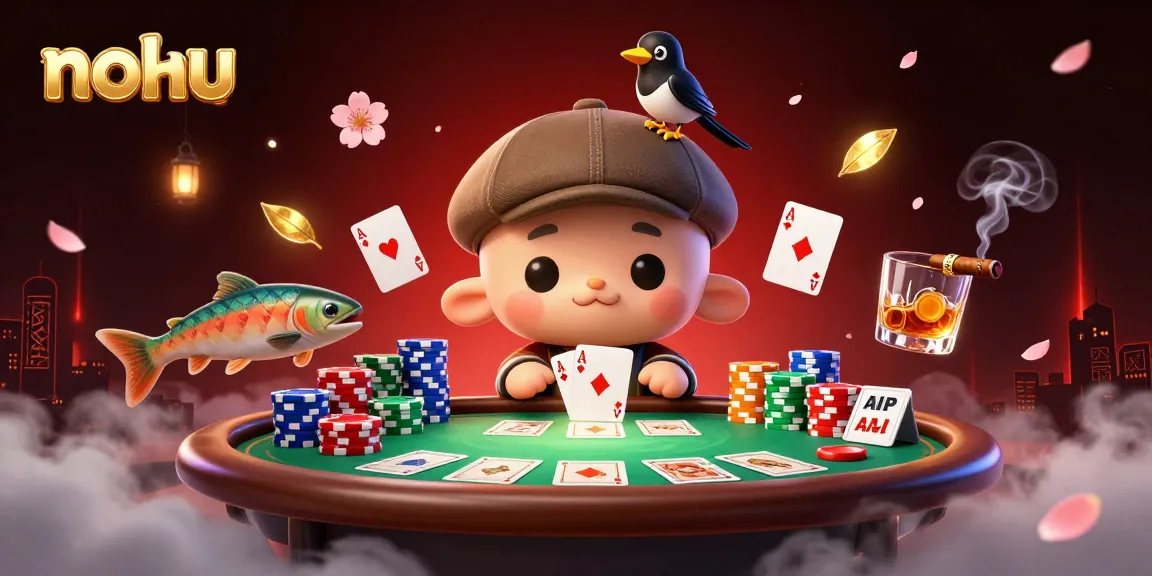 Engage with nohu by enjoying a playful 3D scene featuring poker elements and characters.