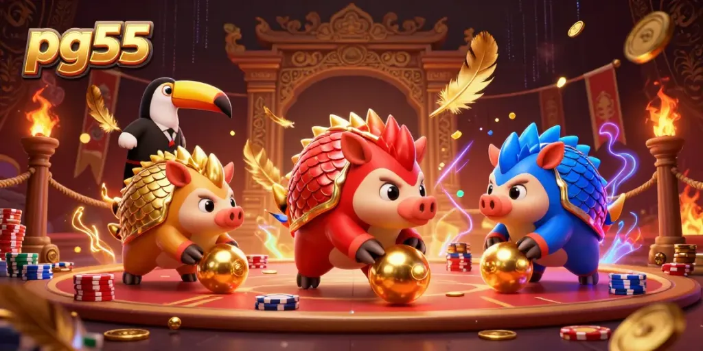 Competing pangolins roll golden balls in a vibrant pg55 casino scene with chips and dynamic game elements.