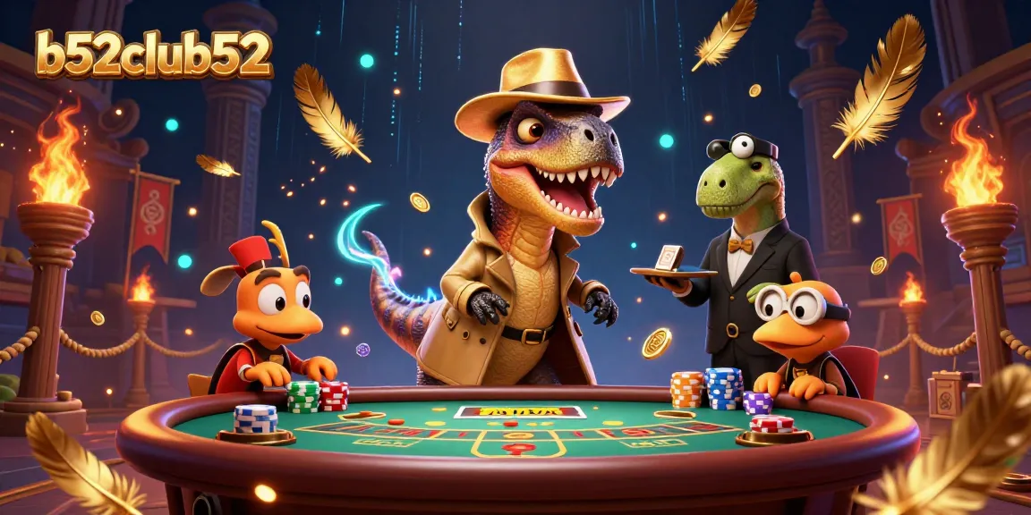 Bets at b52club52 come alive in this vibrant 3D casino scene with cartoon dinosaurs.