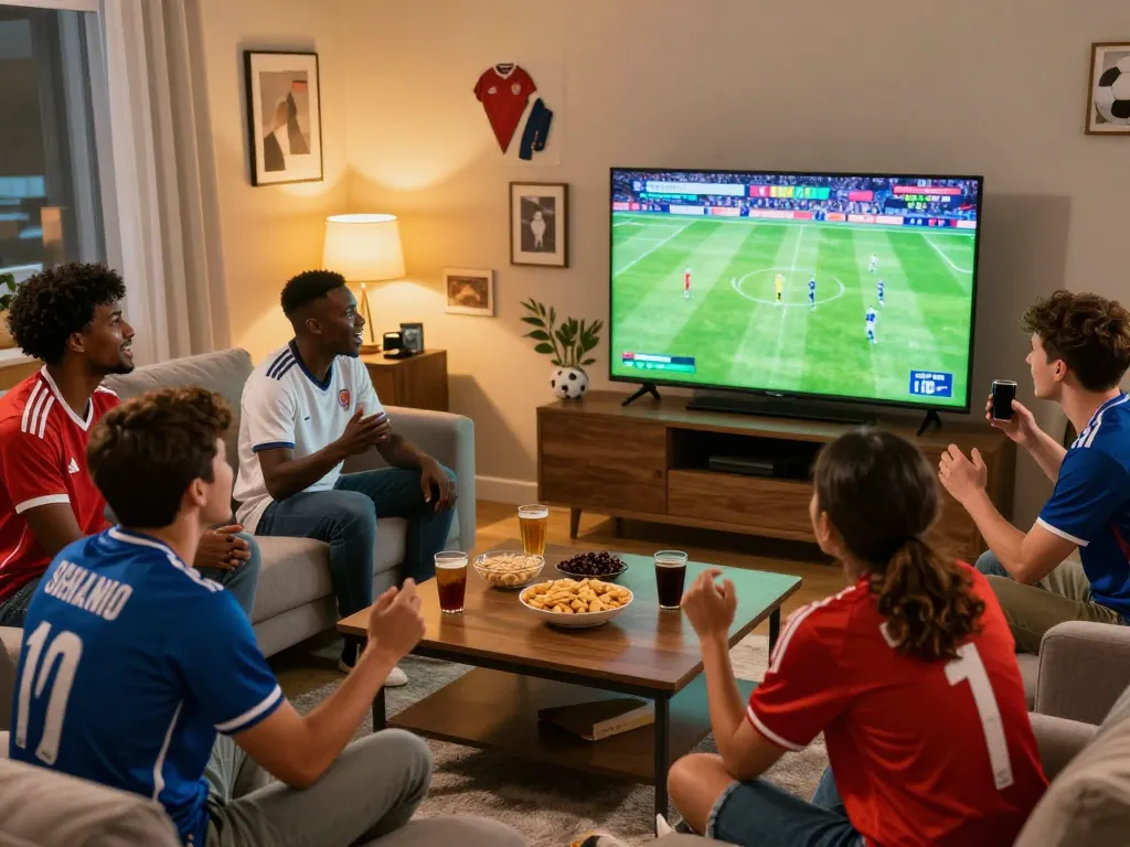 Xoilac fans enjoying live soccer streaming in a vibrant living room.