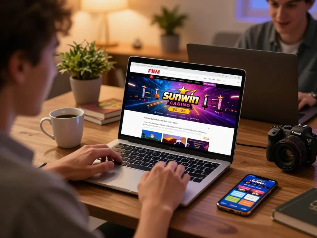 Engaging gameplay at sunwin online casino with player excitedly using laptop and smartphone.