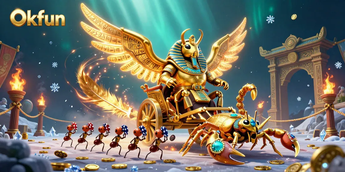 Experience thrilling victories with Okfun in this vibrant casino scene featuring a golden scarab beetle and poker chip soldiers.