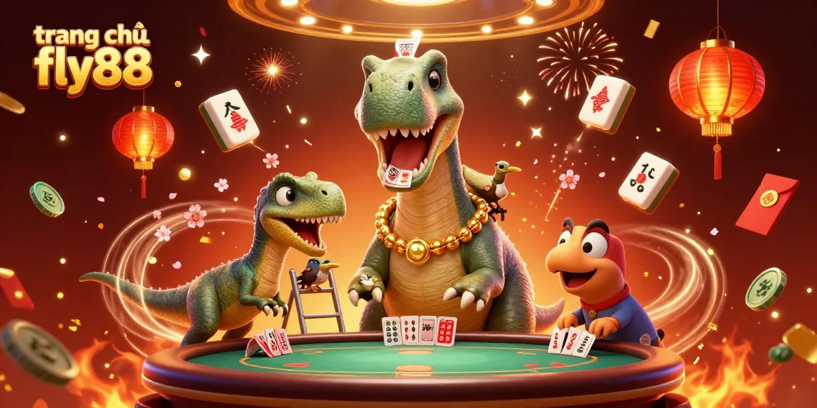 Engage with the thrilling action at trang chủ fly88, where a cartoon dinosaur oversees a vibrant casino scene.