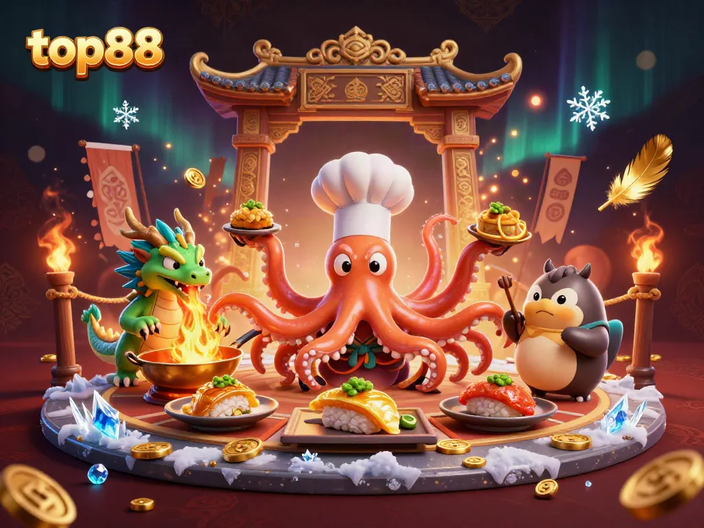 top88 showcases an excited atmosphere with an octopus chef and dragon in a vibrant casino-themed scene