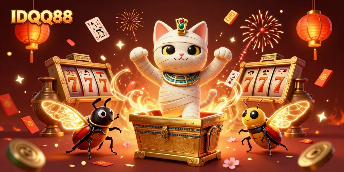 IDQQ88 engages players with a thrilling cartoon scene of a mummy cat and casino elements.