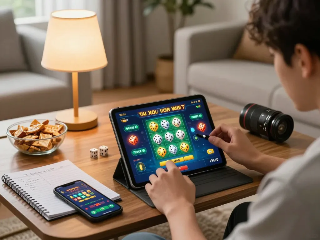 Enjoying dynamic gameplay of tai xiu online with a cozy setup at home, focusing on betting strategies and tablet interface.