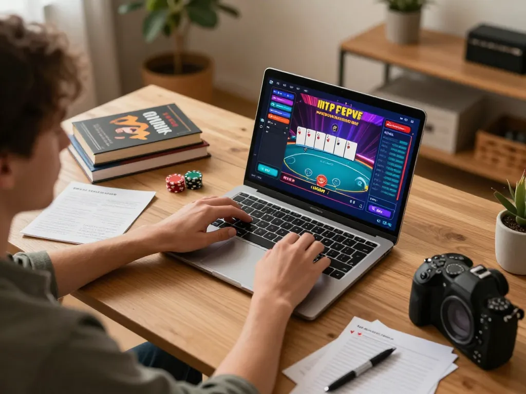 Person engaged in online poker gaming at home, showcasing iwin strategy notes and vibrant laptop graphics.