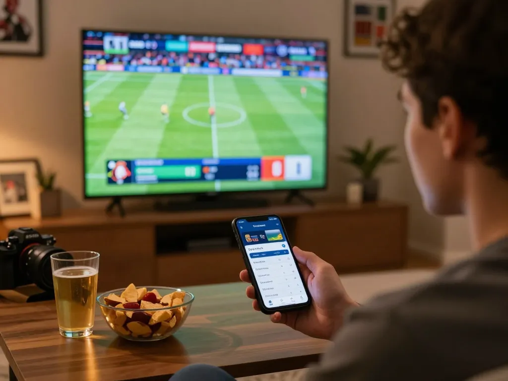 Xoilac user placing bets live while watching football on TV, capturing the excitement of sports betting.