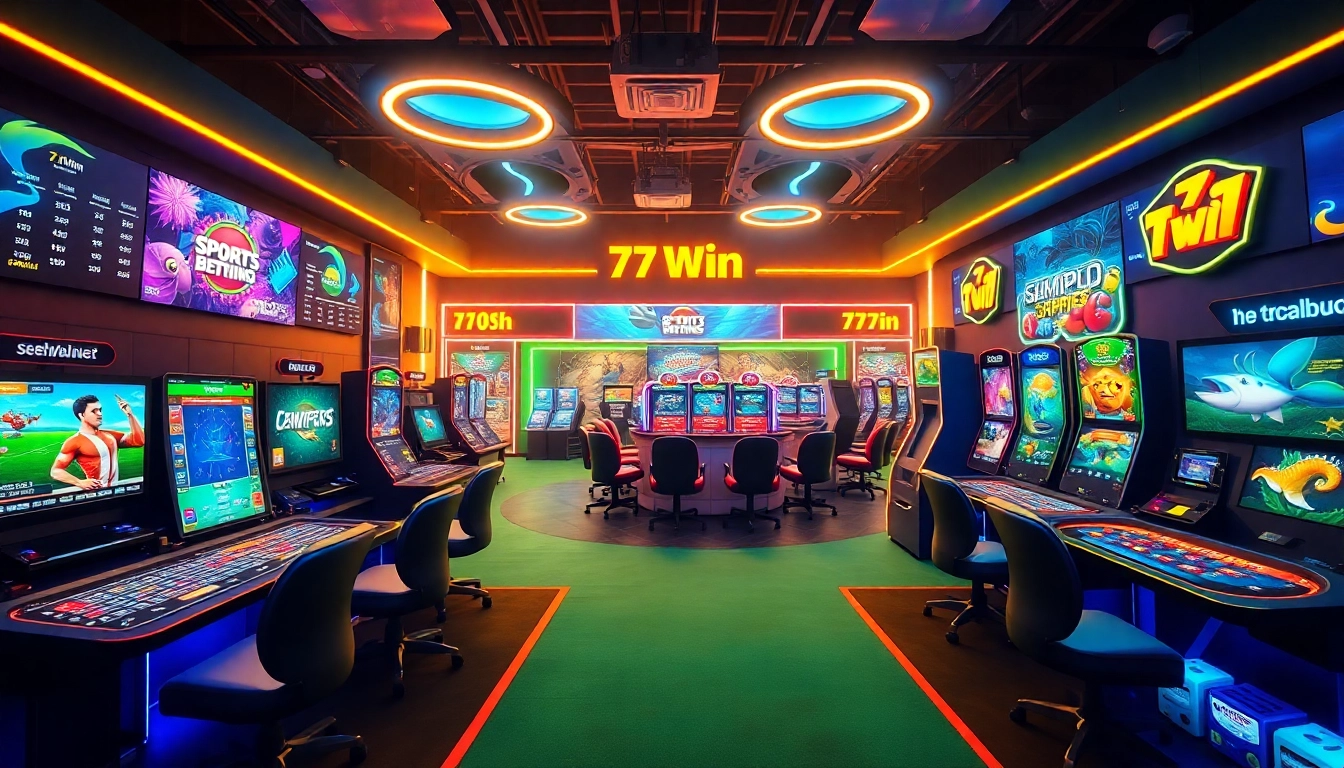 Exciting scene showcasing online gaming experiences at 77 win, including sports betting and casino games.