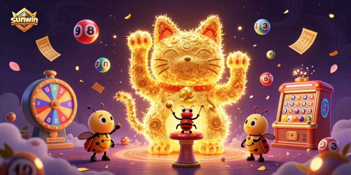 Experience sunwin's vibrant gaming journey with a dynamic illustration of a lucky cat and bingo elements.