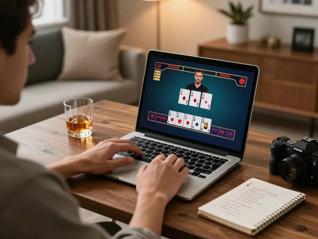 Playing blackjack in style with 78WIN COM on screen, showcasing winning strategies and comfort at home