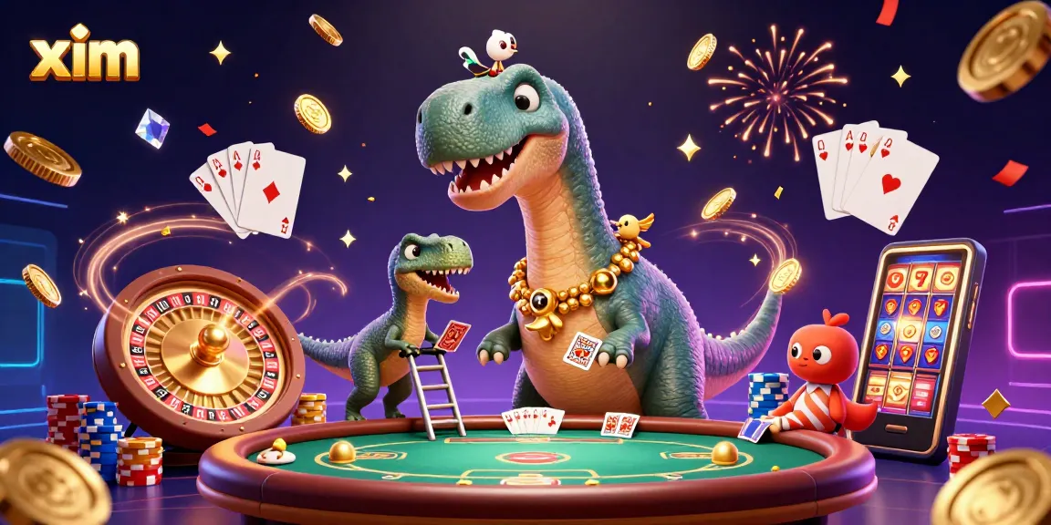 XIM casino scene showcasing a giant brontosaurus and raptor dealing cards, vibrant gaming excitement.