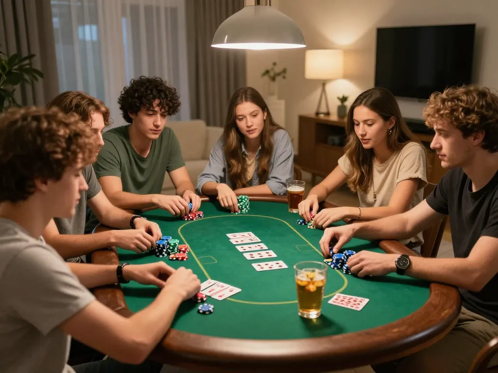 Friends enjoying a thrilling poker night at home with lc88app strategy notes.