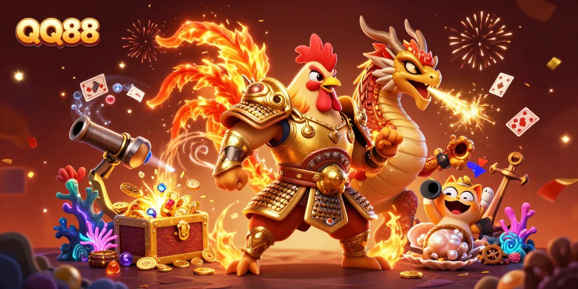 Engage with QQ88’s thrilling game realm as a courageous rooster warrior stands with a cheering fortune cat.