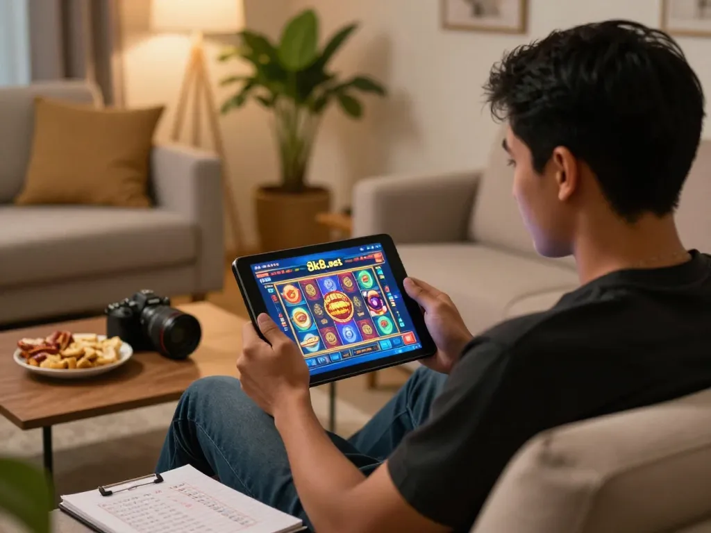 Player engages in immersive online gaming experience on 8k8.rest with snacks and betting notes nearby.