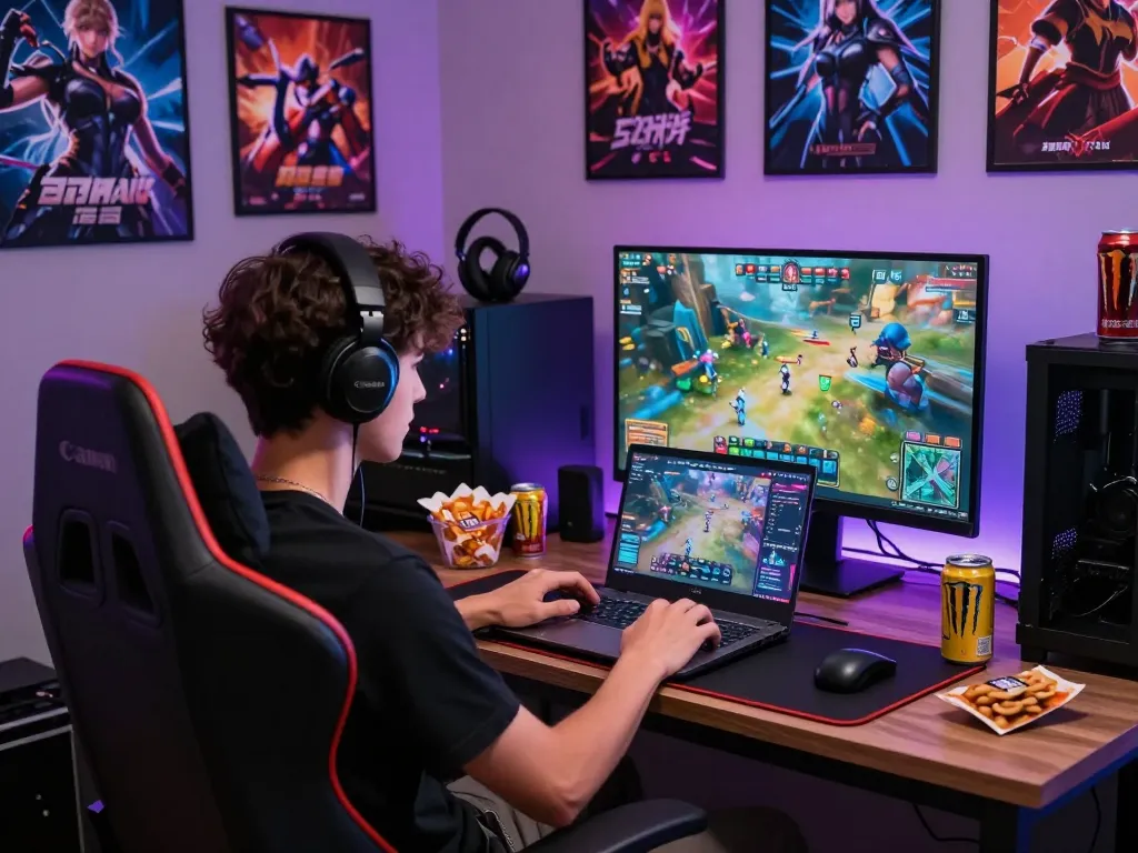Engaged gamer enjoying hentai games on a laptop in a vibrant gaming room.
