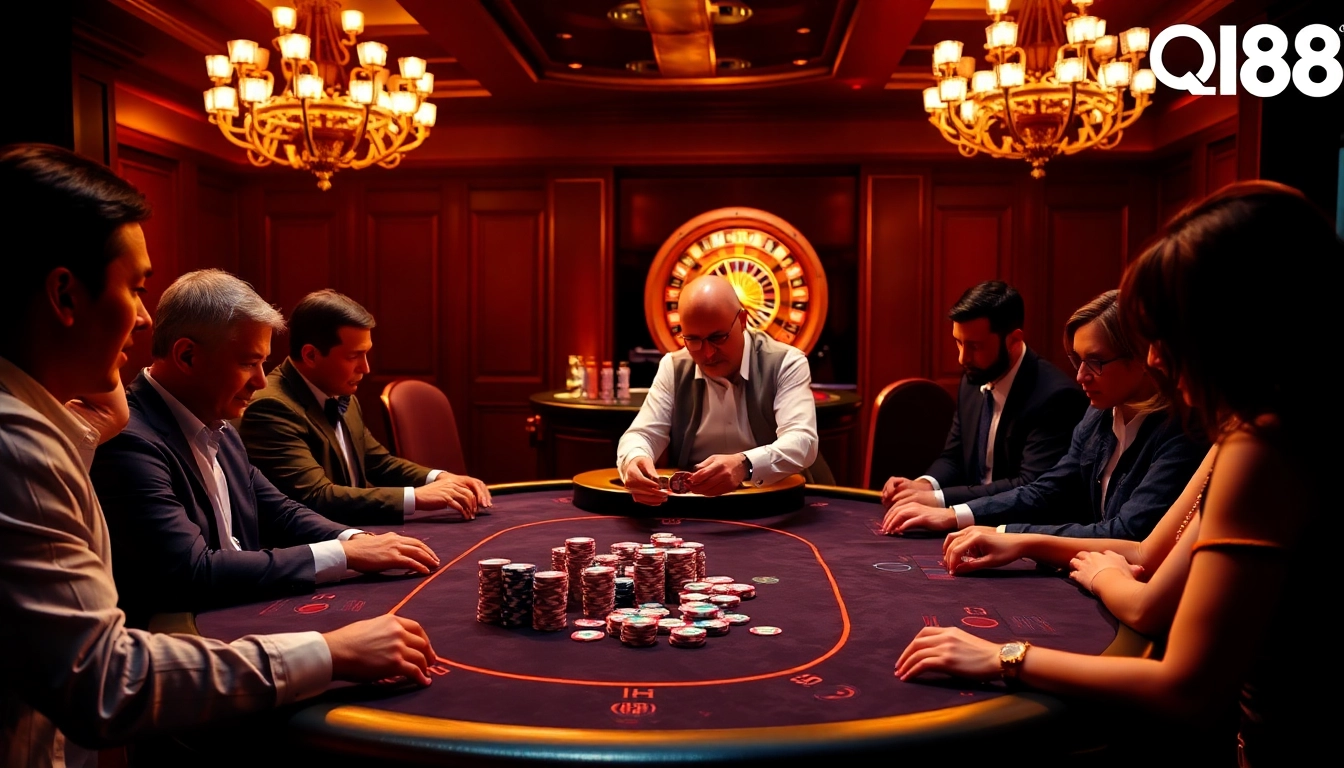 High-stakes poker action at qh88 casino, featuring exciting gameplay and vibrant atmosphere.