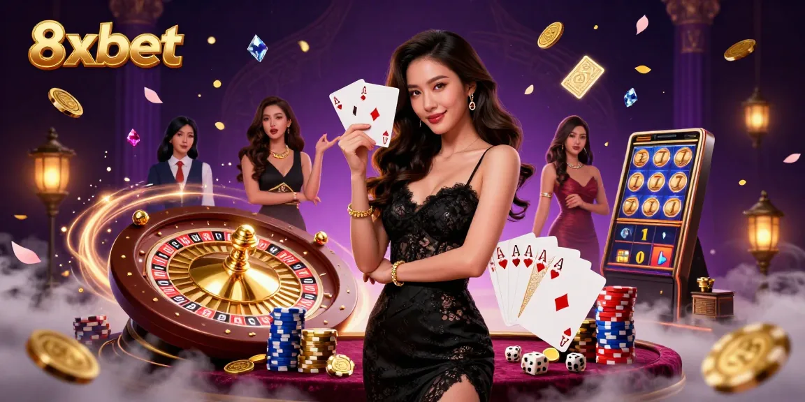 Engage in thrilling gameplay at 8xbet with an elegant casino scene featuring luxury and excitement.