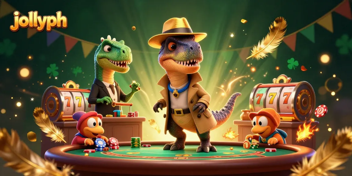 Engage with jollyph's thrilling blackjack table scene featuring a velociraptor, stegosaurus, and compy in action.
