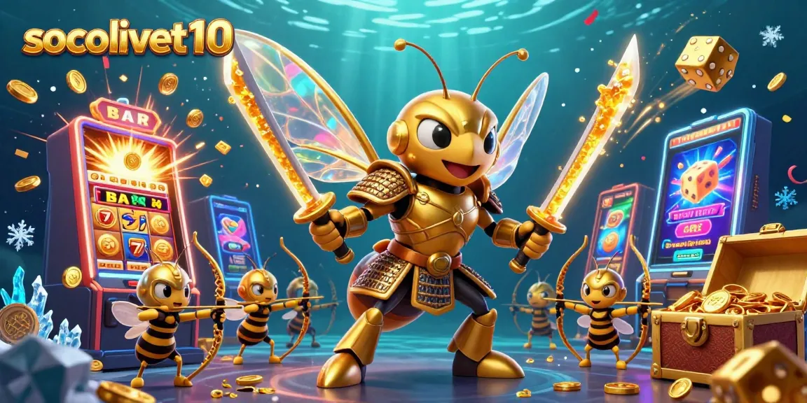 Socolivetv10 features a vibrant 3D cartoon illustration of a samurai hornet and bee archers surrounded by jackpot slot machines and casino elements.