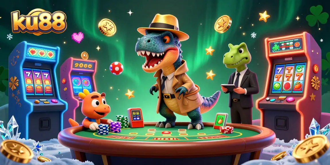 Interact with exciting gaming action at ku88's colorful casino scene featuring creative characters and vibrant elements.