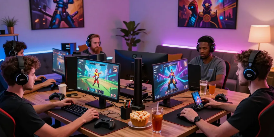 Engaging gamers enjoying a variety of porn games online in a lively living room.