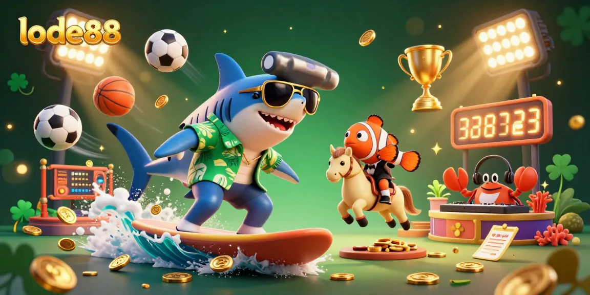Engage with lode88: An electrifying illustration depicting a shark surfing on gold coins, showcasing vibrant betting elements.