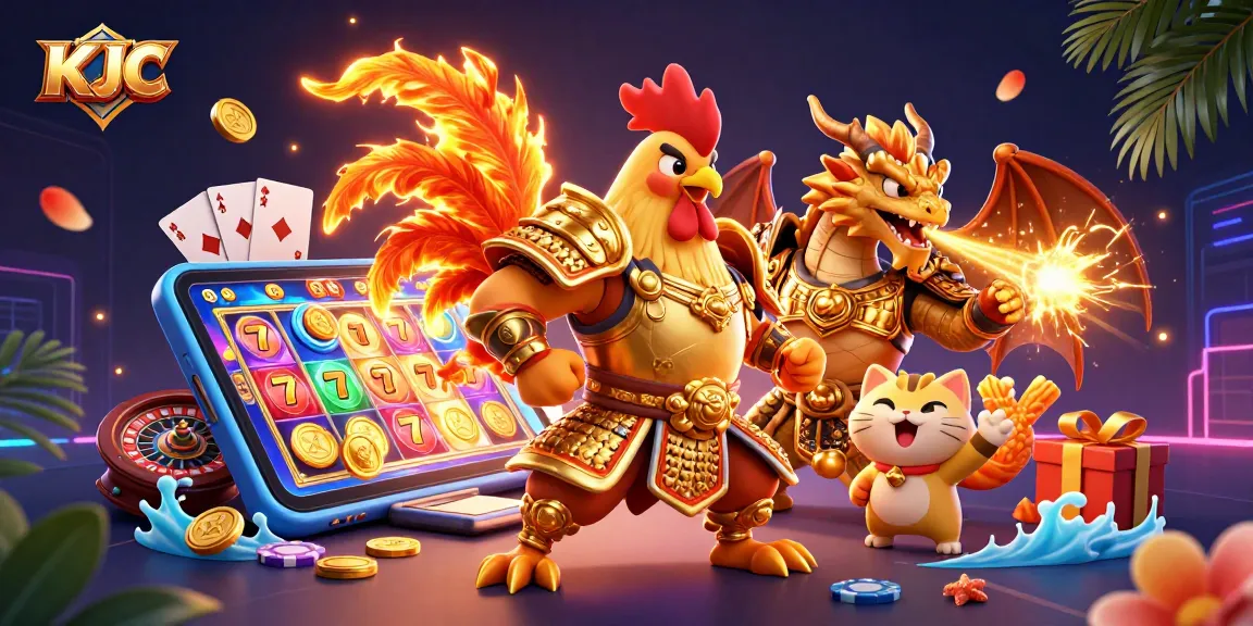 KJC players enjoy thrilling slot games in a vibrant, dynamic casino scene featuring a rooster warrior and dragon.