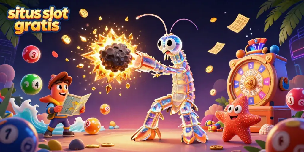 Embrace situs slot gratis with a vibrant 3D illustration of an epic galactic samurai mantis shrimp amid casino-themed action.