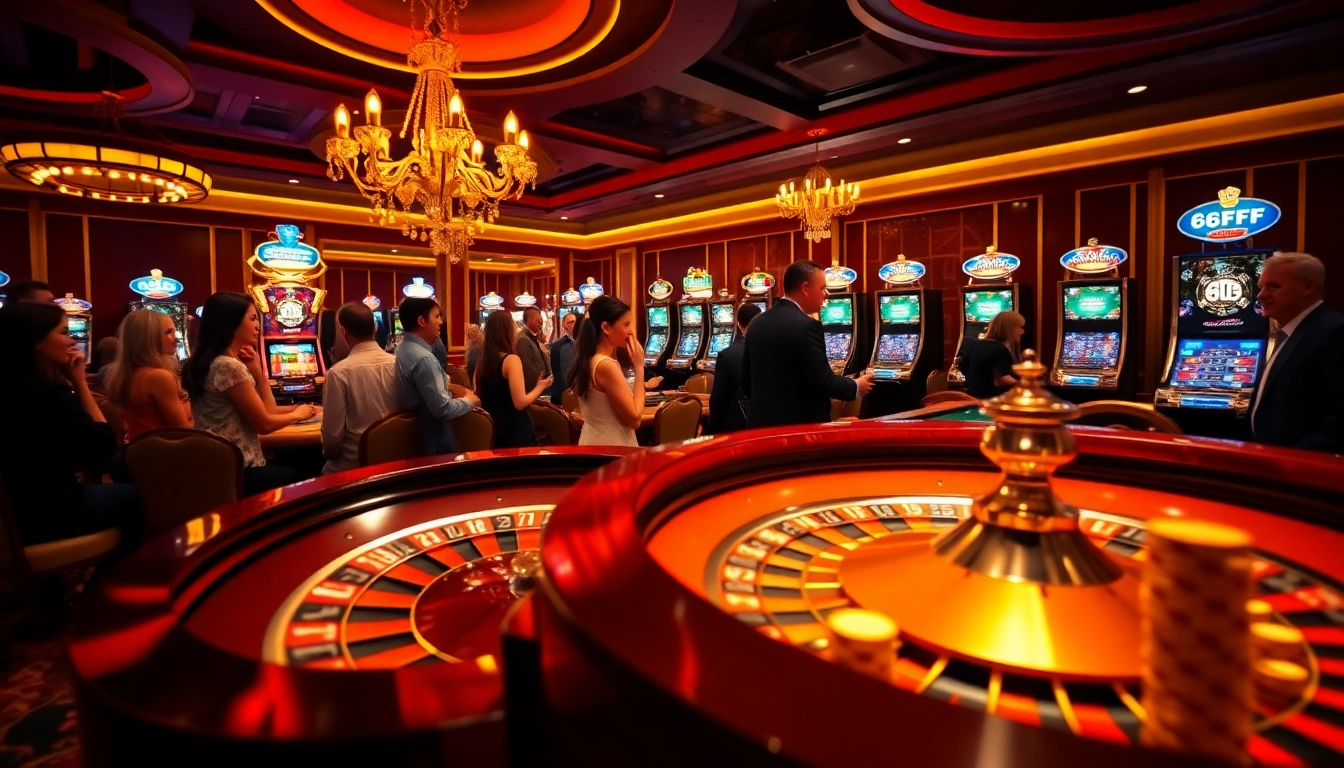 Players enjoying a thrilling moment at 6FF casino with poker chips and roulette wheel.