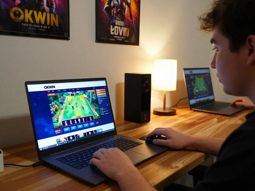 Engaging in online gaming at trang chủ okwin with a laptop featuring vibrant casino interface.
