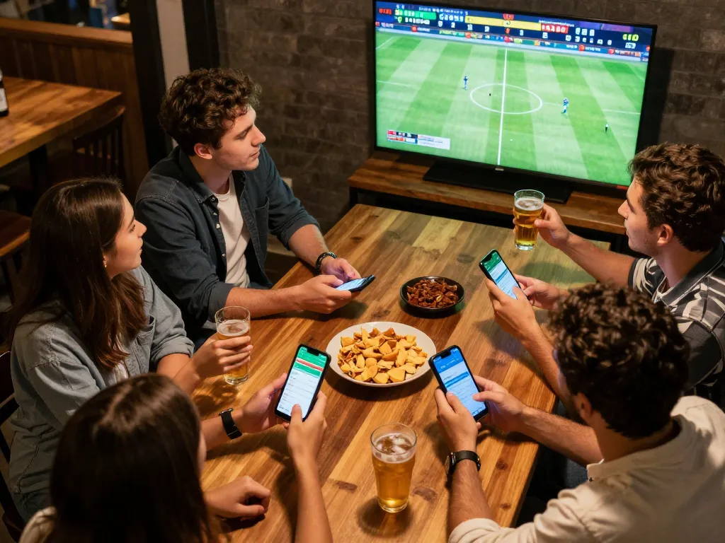 Friends celebrating and engaging in sports betting on tỷ lệ bóng đá kèo nhà cái during a live football match
