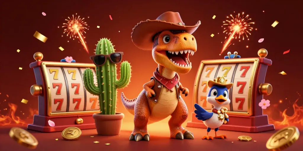 Hình ảnh 33WIN với khủng long T-Rex và bạn đồng hành trong không gian casino đầy sắc màu.