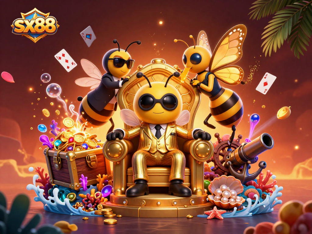 SX88 players aiming for jackpots collect treasures in a vibrant underwater casino scene.