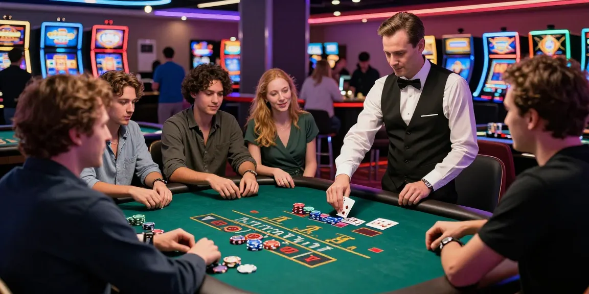 Exciting gambling scene at https://da88m7.com with players at a blackjack table, vibrant casino atmosphere.
