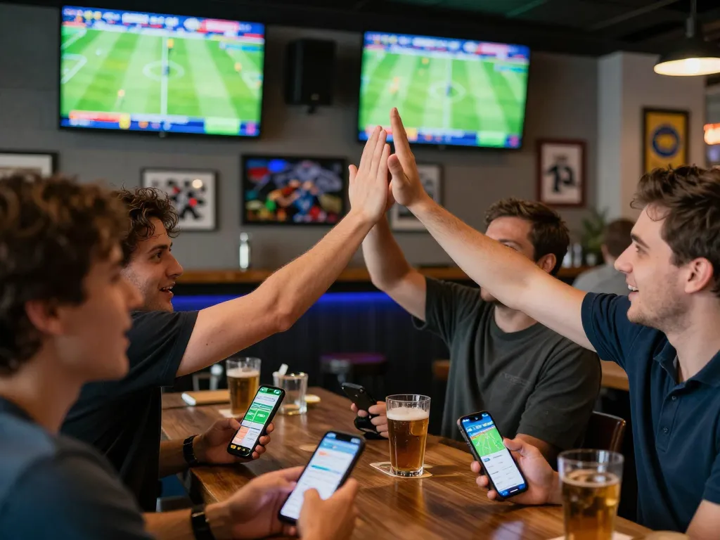 Friends celebrating successful bets while using the OKFUN app at a vibrant sports bar.
