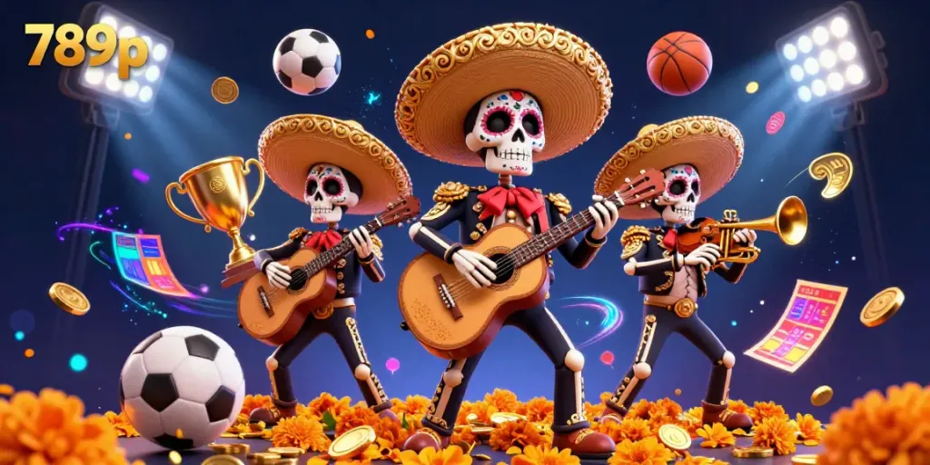 Engage with the thrilling 789p gaming experience through this vibrant, colorful 3D scene featuring a mariachi band and dynamic gambling elements.