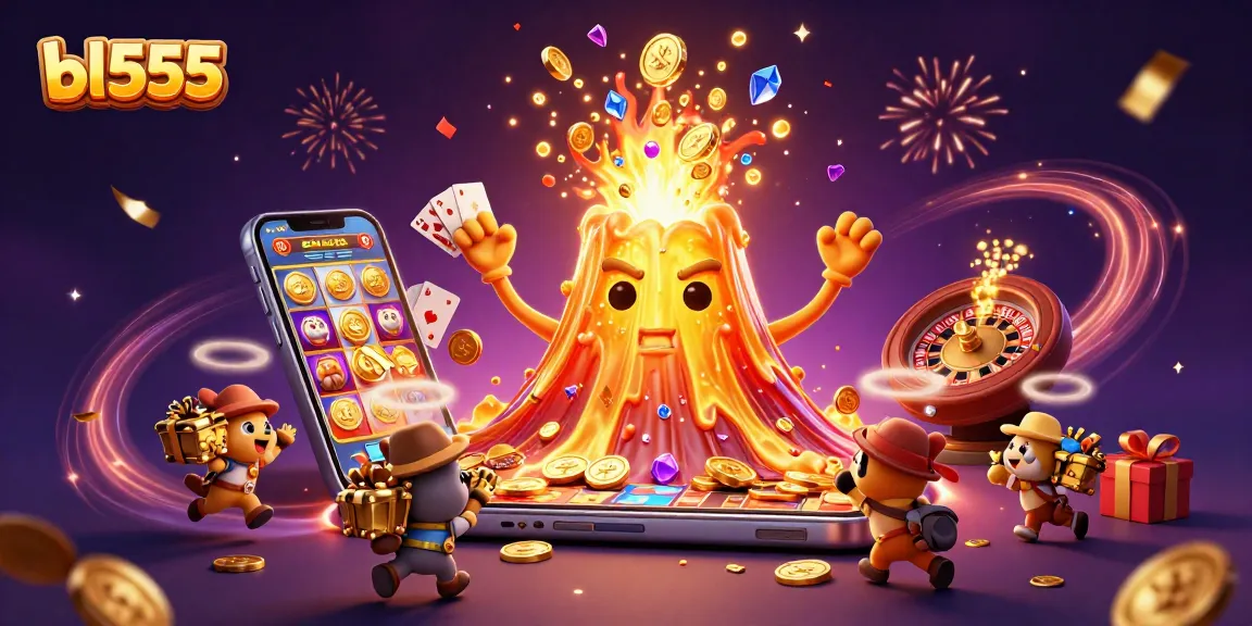 Engage with bl555's thrilling casino world featuring golden volcano, slot games, and winning treasures.