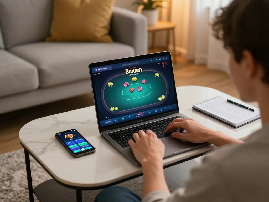 Engaged player strategizing in online poker at https://va88.now/ from a cozy home setting