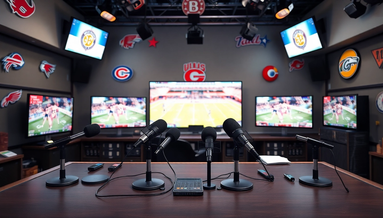 Engaging sports broadcasting studio showcasing hosts discussing live sports events.