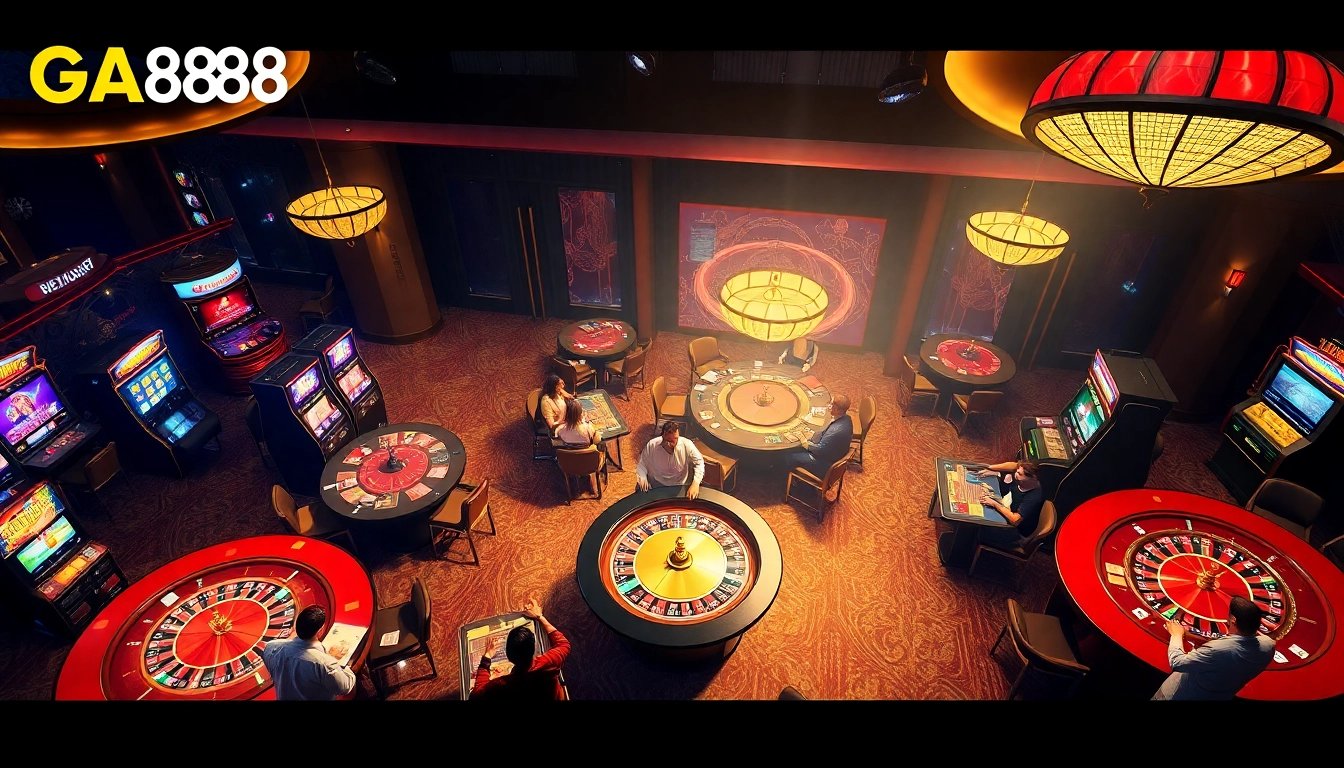 GA888 players betting at luxurious casino tables with vibrant atmosphere and dynamic games.