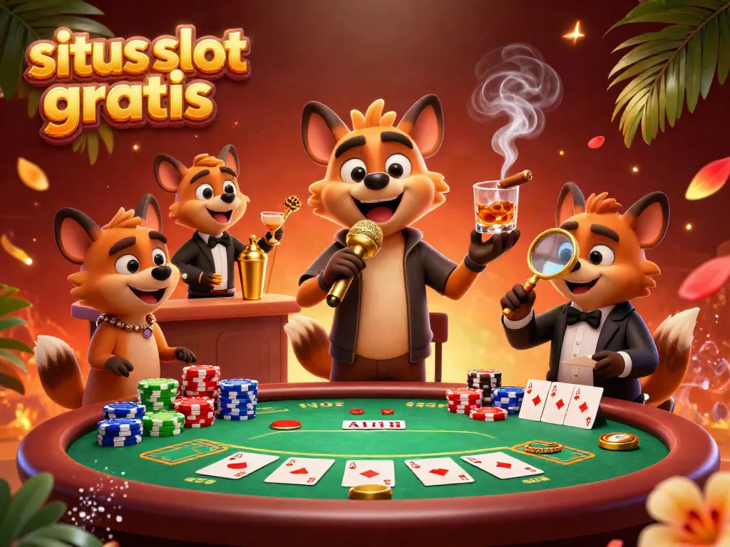 Engage in fun at the situs slot gratis comedy casino club with hyenas, poker elements, and vibrant atmosphere.
