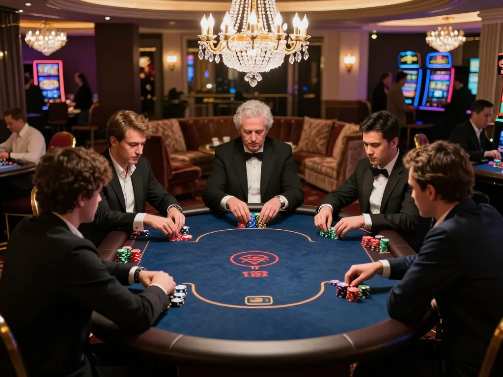OKFUN players enjoying a high-stakes poker game in a luxury casino setting.
