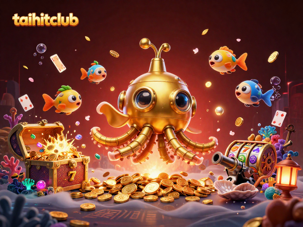 Experience thrilling slots action with taihitclub's vibrant golden kraken submarine illustration, surrounded by coins and gems.