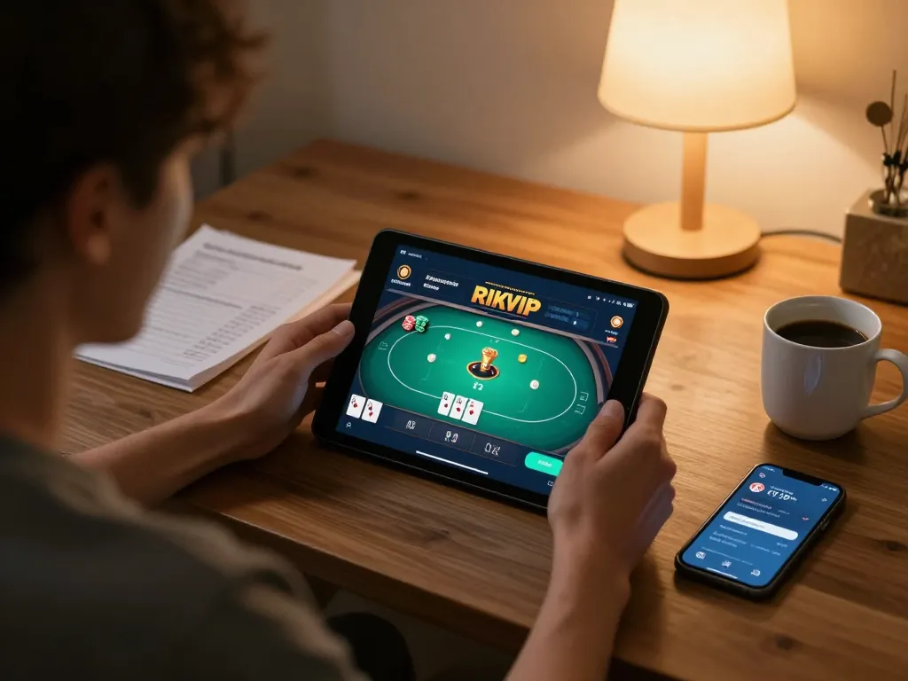 Player enjoying an intense poker game on the RIKVIP app in a cozy home setting, surrounded by strategy notes.