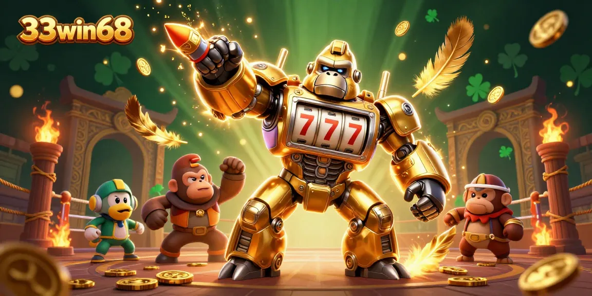 Engage with 33win68 in an explosive 3D illustration of a gorilla mech and casino excitement.