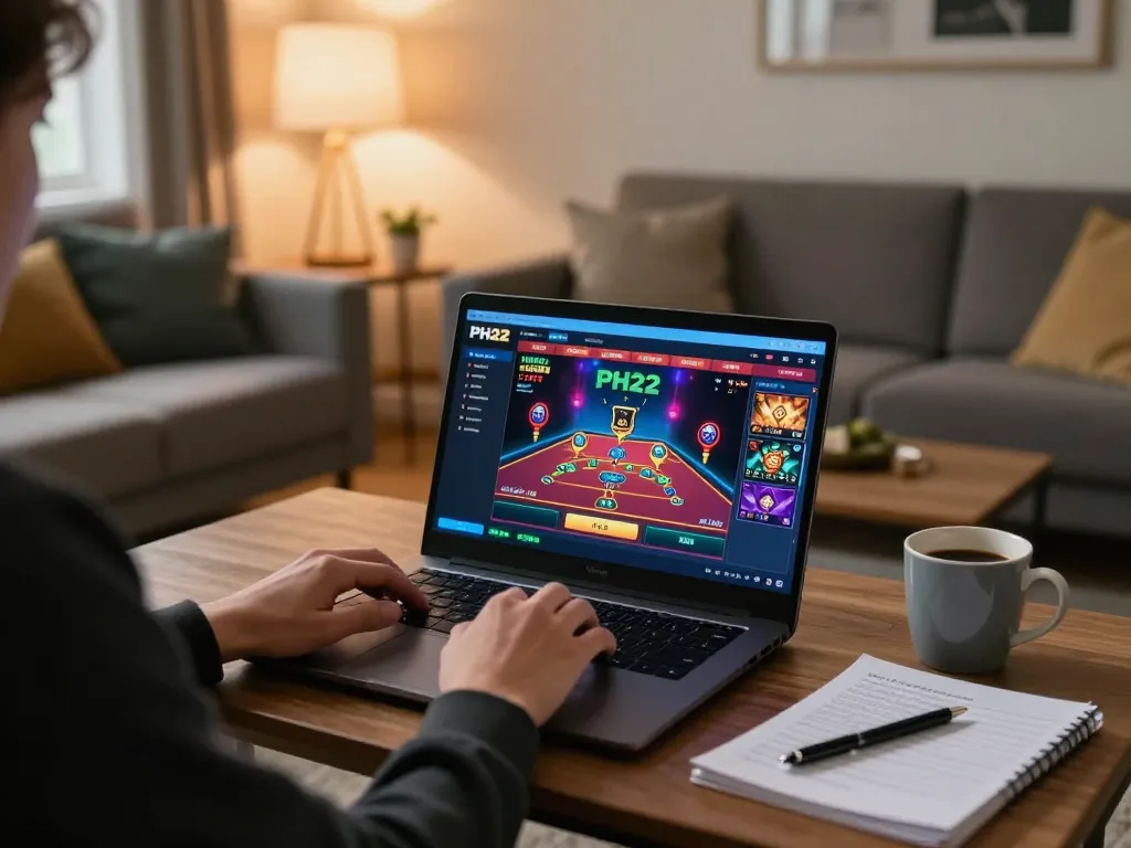 Engaging live casino gameplay on PH22 at home with a laptop and strategy notes