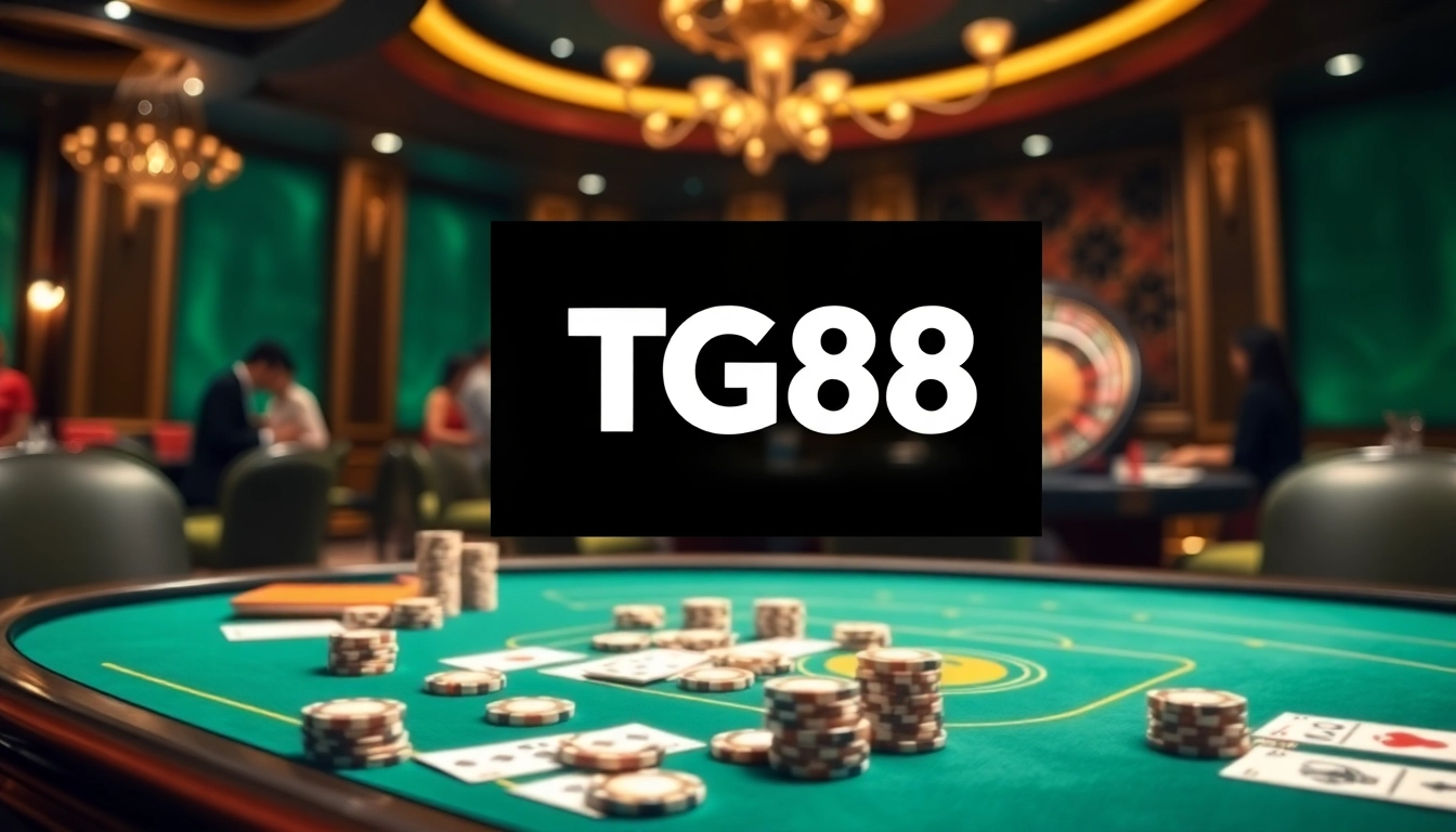 Players engaging with the TG88 online casino platform at a vibrant poker table.