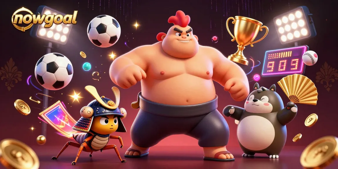 Nowgoal features a powerful sumo rooster and fierce samurai cricket in a vibrant sports-themed scene