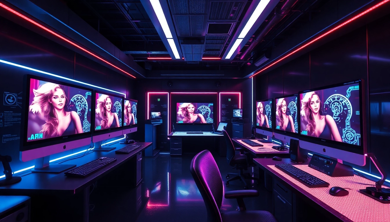 AI-generated visuals in a modern adult entertainment studio showcasing innovative erotic content.